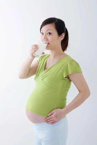 Pregnant Woman Drinking Glass Milk — Stock Photo, Image