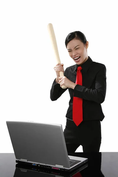 Businesswoman Hit Laptop Baseball Bat — Stock Photo, Image