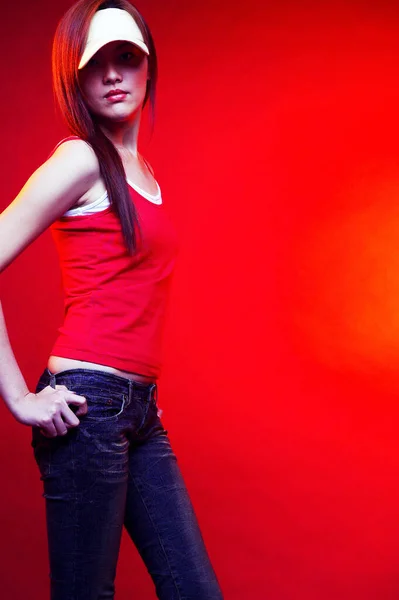 Studio Shot Woman Visor Giving Her Best Pose Camera — Stock Photo, Image