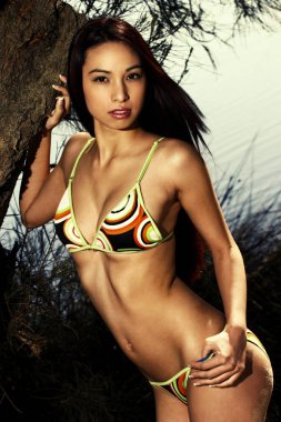 Kameraya bikinili bir kadın poz veriyor.