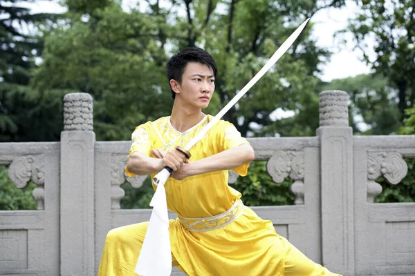 Hombre Practicando Artes Marciales Con Una Espada —  Fotos de Stock