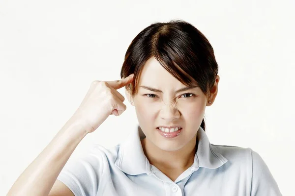 Vrouw Denken Witte Achtergrond — Stockfoto