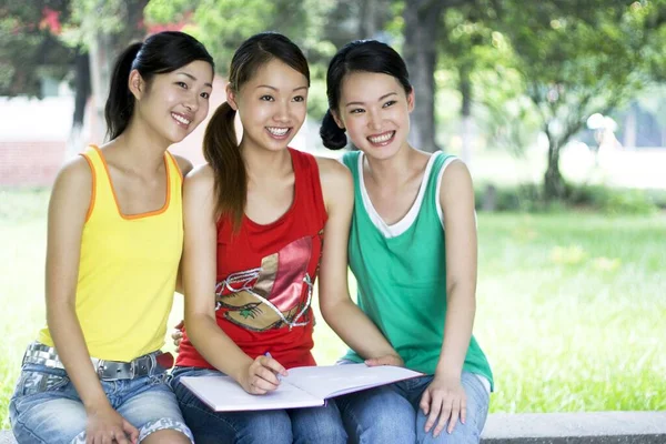 Три Красивые Молодые Женщины Парке — стоковое фото