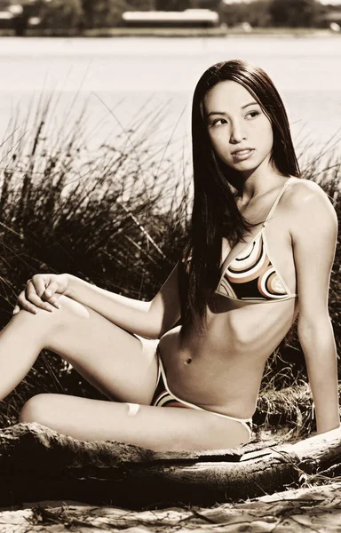 Sepia Bild Einer Frau Bikini Die Für Die Kamera Posiert — Stockfoto