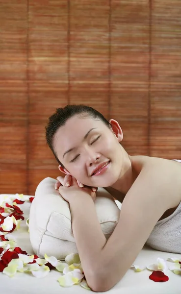 Woman Lying Forward Resting Head Pillow — Stock Photo, Image