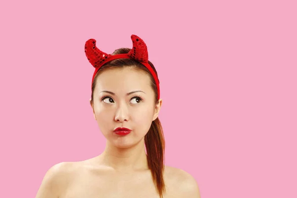 Woman Devil Horns Looking — Stock Photo, Image