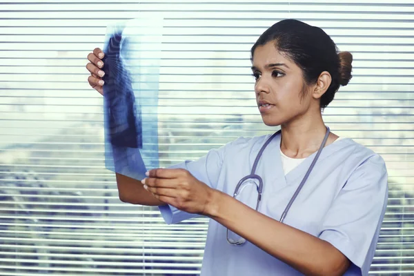 Woman with stethoscope examining x-ray