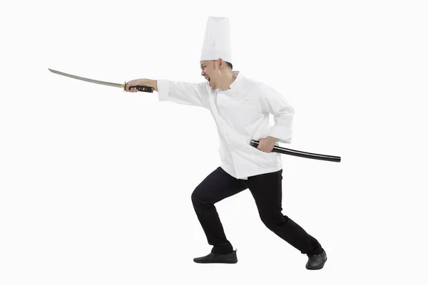 Chef Asiático Con Espada Samurai — Foto de Stock