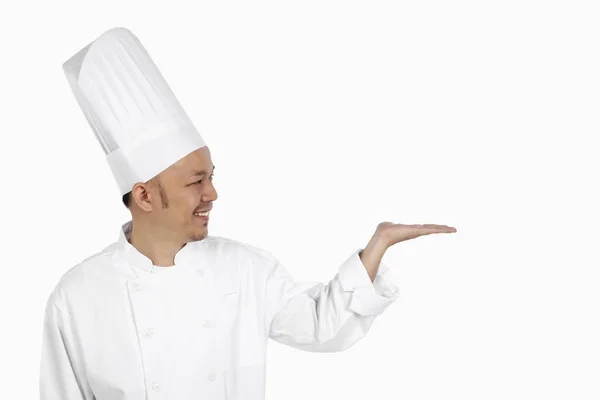 Aziatische Chef Gebaren Met Geopende Palm — Stockfoto