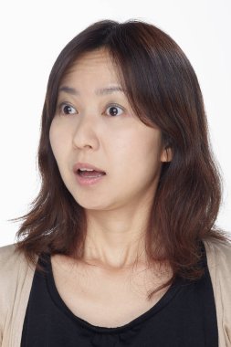 Beyaz arka planda izole edilmiş bir kadının yüz ifadesi