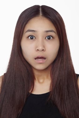 Beyaz arka planda izole edilmiş bir kadının yüz ifadesi