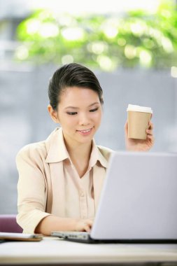 İş kadını Laptop 'ta çalışıyor