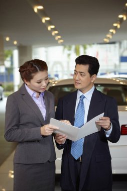 Satış temsilcisi arabanın müşteri özelliklerini açıklayan bir broşür hazırlar.