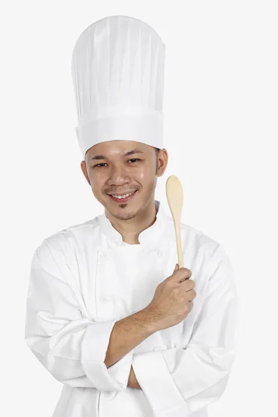 Chef Asiático Sosteniendo Cuchara Madera —  Fotos de Stock