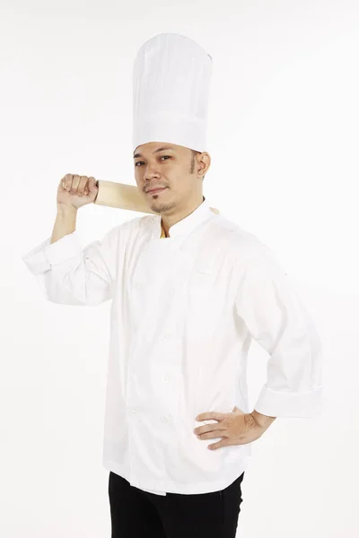 Chef Asiático Sosteniendo Rodillo — Foto de Stock