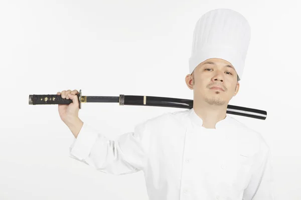 Chef Asiático Com Uma Espada Samurai — Fotografia de Stock