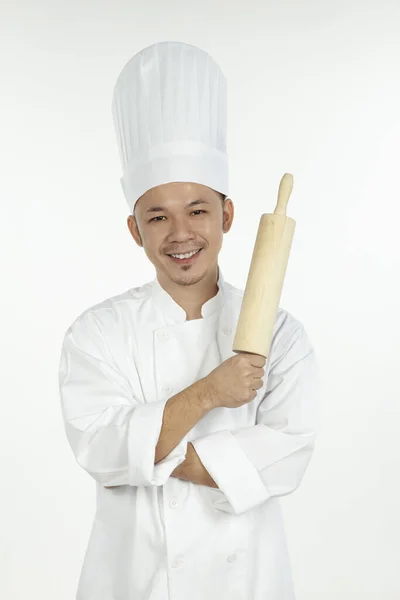 Chef Asiático Segurando Rolo Pin — Fotografia de Stock