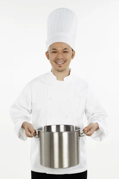 Asiatico Chef Holding Stufato Pot — Foto Stock