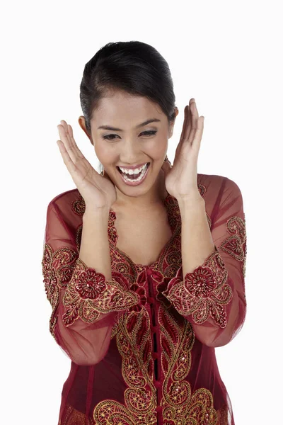Femme Surprise Baju Kebaya Avec Les Mains Ouvertes — Photo