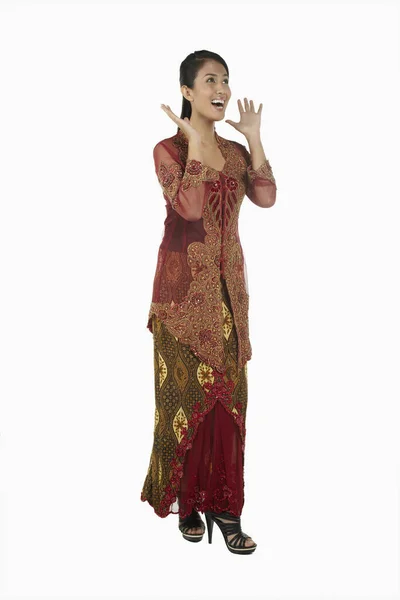 Mujer Sorprendida Baju Kebaya Con Las Manos Abiertas — Foto de Stock