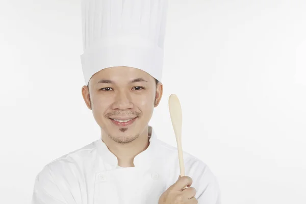 Chef Asiático Sosteniendo Cuchara Madera — Foto de Stock