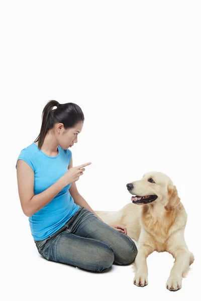 Una Mascota Perro Con Una Joven Propietaria — Foto de Stock