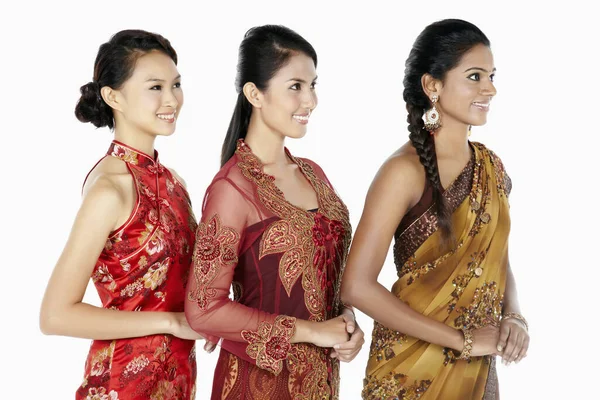 Happy Women Traditional Clothing Standing Row — Stock Photo, Image