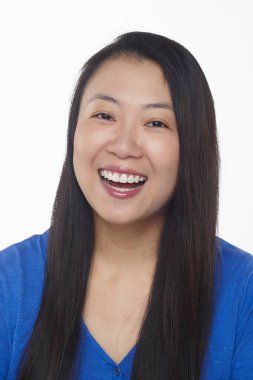 Beyaz arka planda izole edilmiş bir kadının yüz ifadesi