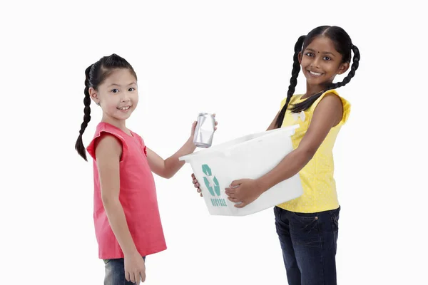 Girls Holding Recycling Bins — Stock Photo, Image