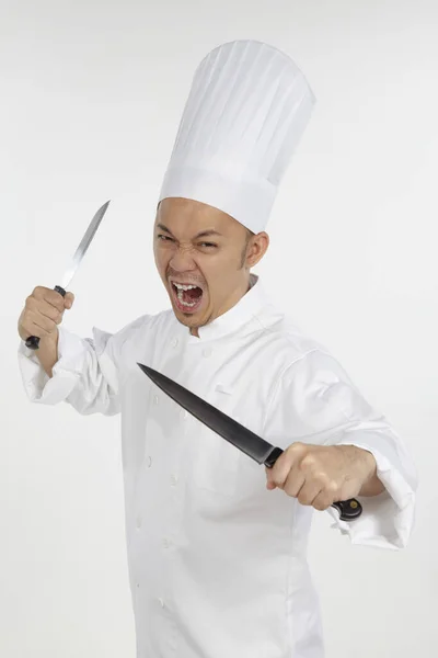 Frustrerad Asiatisk Kock Med Knivar — Stockfoto