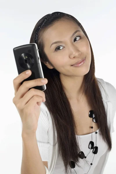 Woman Taking Picture Mobile Phone — Stock Photo, Image
