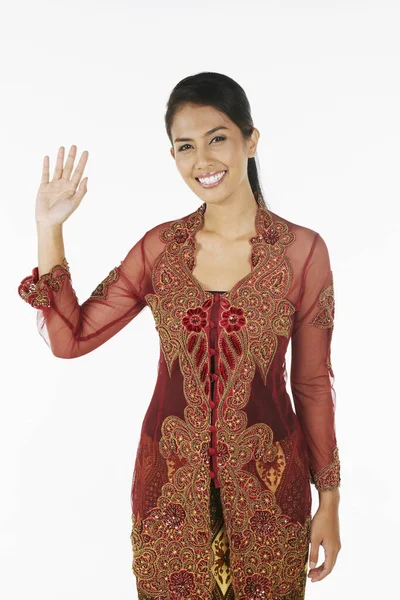 Mujer Baju Kebaya Sonriendo Saludando Cámara —  Fotos de Stock