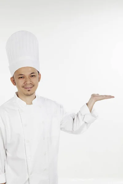 Chef Asiático Gesticulando Con Palma Abierta — Foto de Stock
