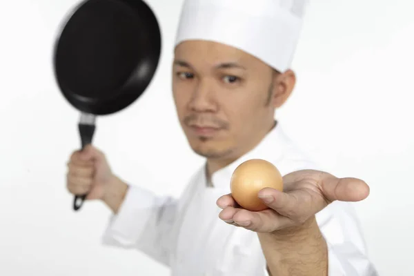 Chef Asiático Desabafando Frustração Ovo — Fotografia de Stock