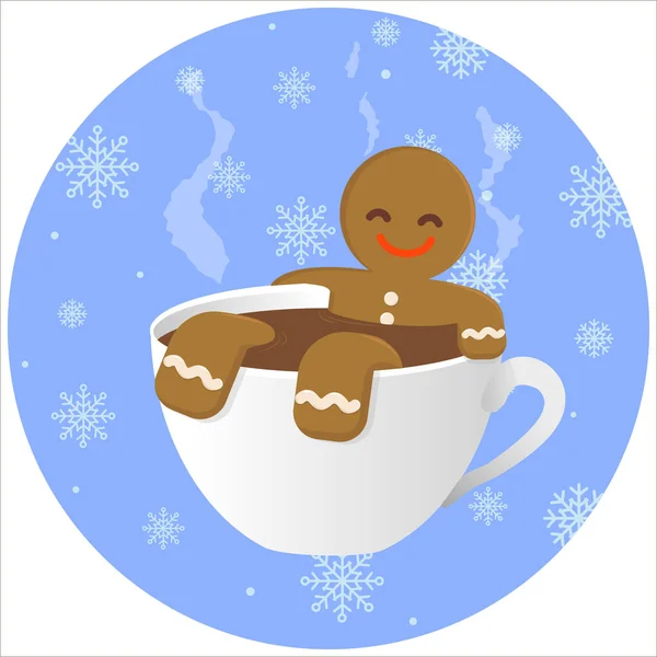 Gingerbread Man Chilling Filiżance Gorącej Czekolady Tle Płatków Śniegu Urlop — Wektor stockowy