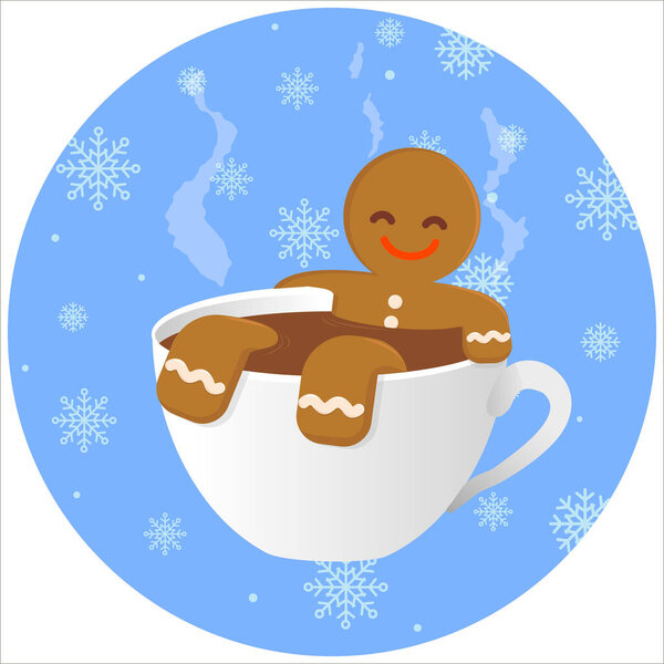 Пряничный человек охлаждается в чашке горячего шоколада на фоне снежинки. Зимний отдых
.