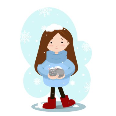 Kızla çizgi film çizimi evsiz, donmuş kedi yavrusunu evlat edindi. Çizgi film vektör çizimi. Mutlu arkadaşlar. Hayvan bakımı..