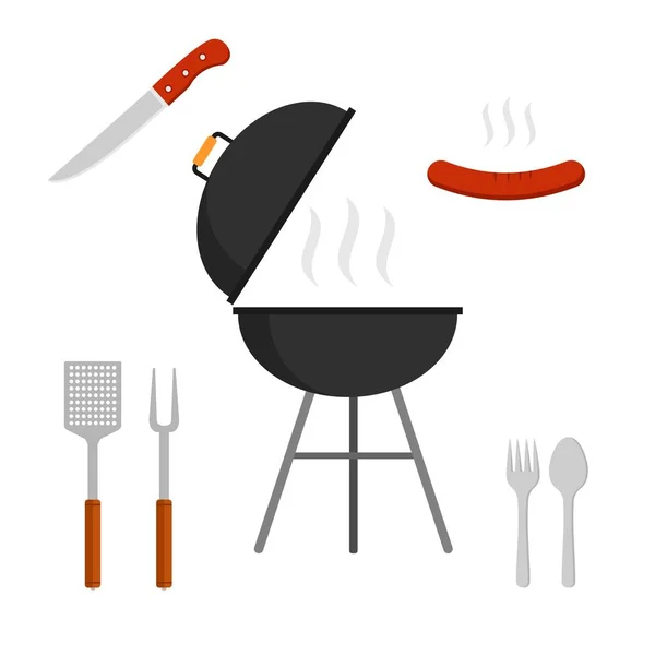 Barbekü ızgarası simgeleri beyaz arkaplanda izole edildi. Piknik kampı aşçılığı, barbekü vektör resmetme simgesi düz stili.