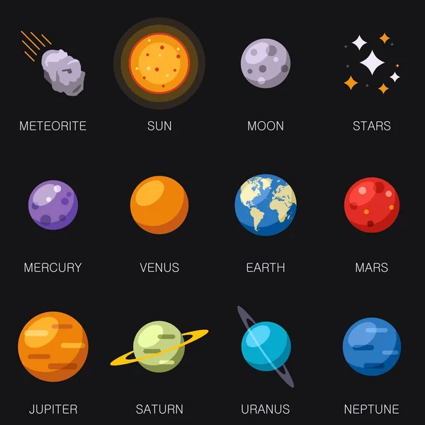 太陽系8惑星と太陽、月、星と隕石が背景に孤立しています。ベクターイラスト — ストックベクタ