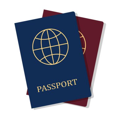 Biyometrik mavi ve kırmızı pasaport ikonu. Seyahat ve göç için dijital kimliği olan kimlik belgesi. Vektör