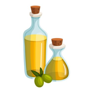 Beyaz arka planda izole edilmiş yeşil zeytinli sebze yağı şişeleri. Vektör illüstrasyonu