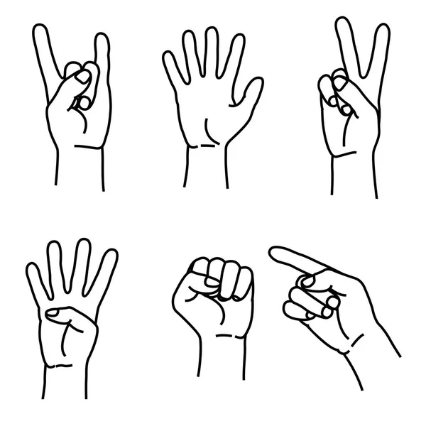 Διάφορες χειρονομίες των ανθρώπινων χεριών θέτουν εικόνες σε στυλ γραμμής που απομονώνονται σε λευκό φόντο. Εικονογράφηση διανύσματος — Διανυσματικό Αρχείο