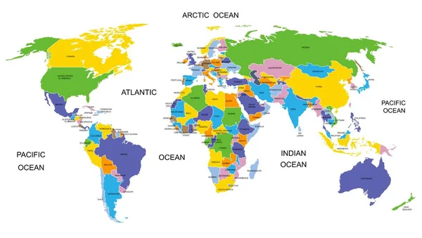 カラフルな世界地図の国。国名入りの詳細な政治地図。ベクターイラスト. — ストックベクタ