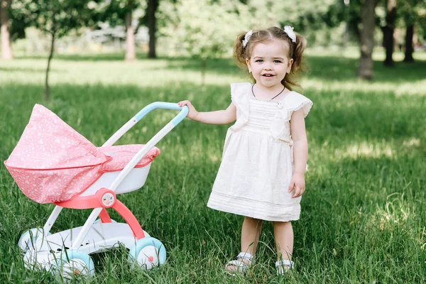 Bambina Spingendo Passeggino Giocattolo Nel Parco — Foto Stock