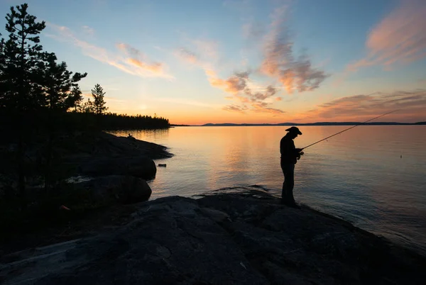 Kuzey gölünde beyaz bir gece. Orman gölü manzaralı gece manzarası. Ormanın üzerinde gün batımını, kökleri ve kökleri sakin sularda olan siluetleri. Dinlenmek ve balık tutmak için İskandinavya 'yı ziyaret edin. Çubuk siluetli balıkçı, Kızıl Gün Batımı
