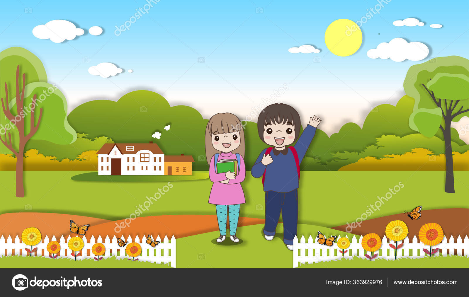 Cartoon Go For A Walk In The Park Paper Art Children Going School