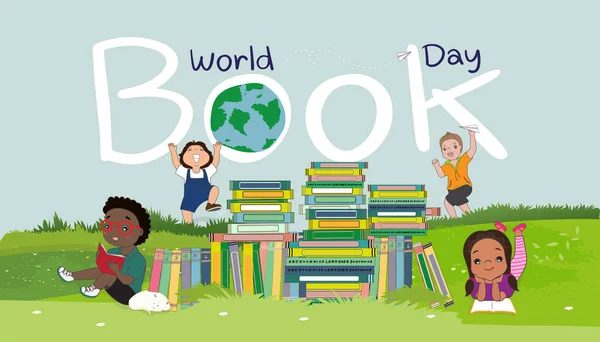 Illustration Dessin Animé Journée Mondiale Livre Empilement Livres Colorés Sur — Image vectorielle
