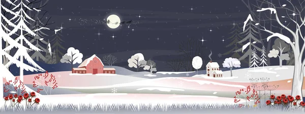 冬季风景全景 农村冬季仙境横幅矢量 百叶窗 圣诞快乐及新年背景 — 图库矢量图片