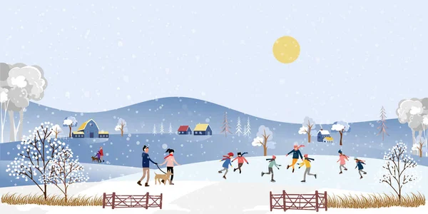 冬天的夜晚 人们在户外活动中度过愉快的时光 圣诞节 人们在城市里庆祝 孩子们在公园里玩冰鞋 — 图库矢量图片