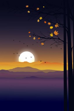 Siluetleriyle dikey dağ manzarası, gündoğumuyla ormanda sisli çam ağaçları, minimalist tarzda barışçıl panoramik, tatil sezonu konsepti için akşam ışığı.